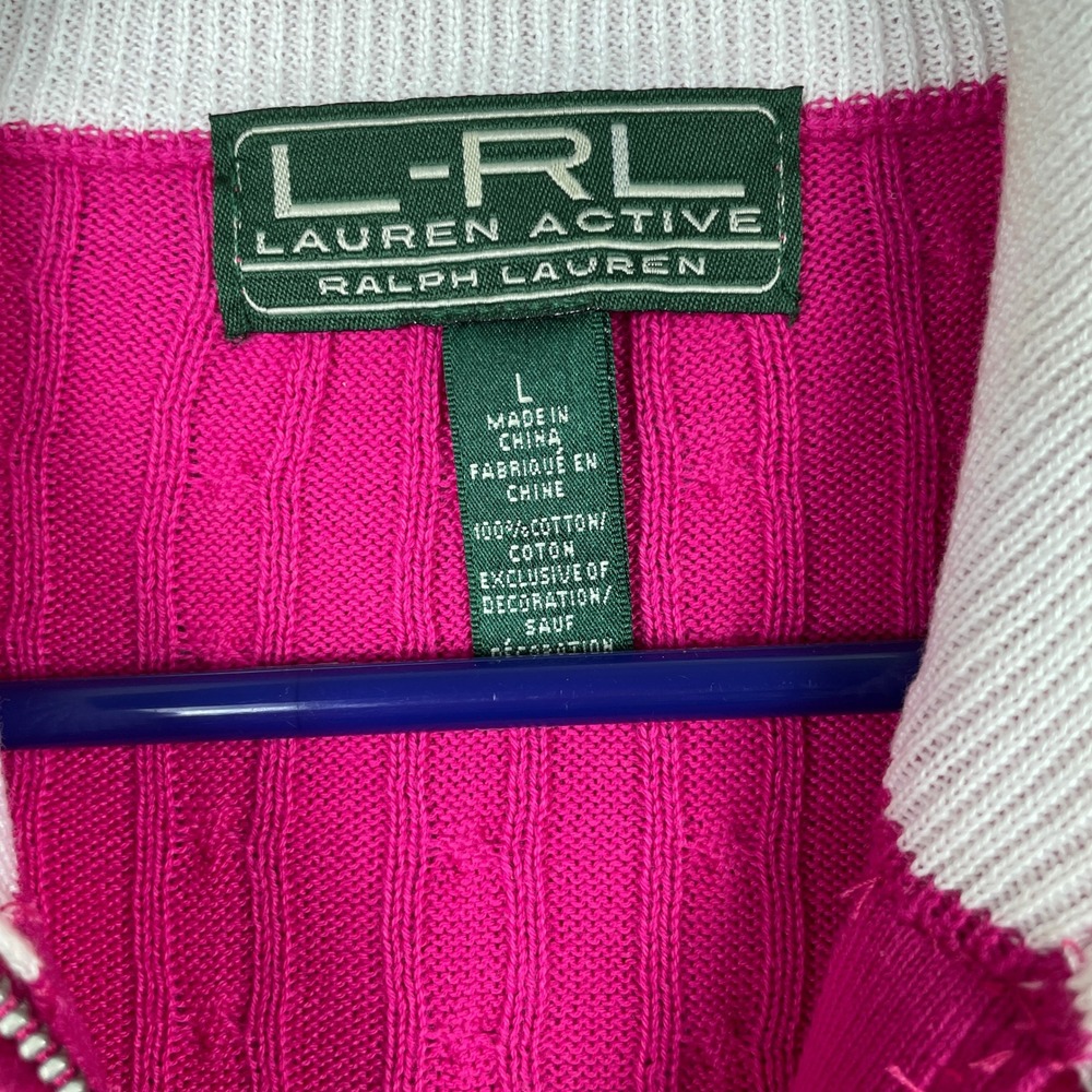 Lauren Active Ralph Lauren Full Zip Sweater Womens Large Pink Cable Knit Crest - Picture 5 of 11